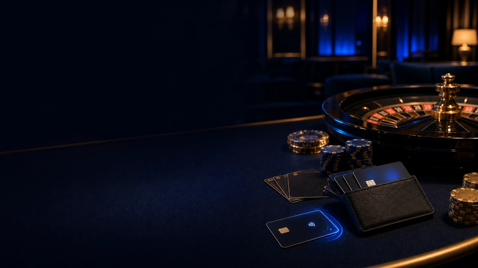 Roulette wheel, casino chips and a card wallet on a midnight-blue table